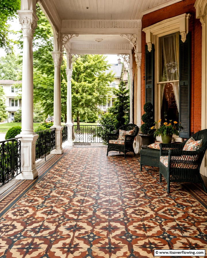 Patterned Tile Flooring - 20 Charming Victorian Porch Ideas for a Classic Look