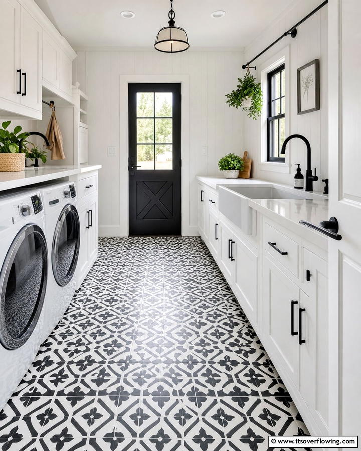 Patterned Tile Floors for Visual Interest - 25 Farmhouse Laundry Room Ideas for Function and Style