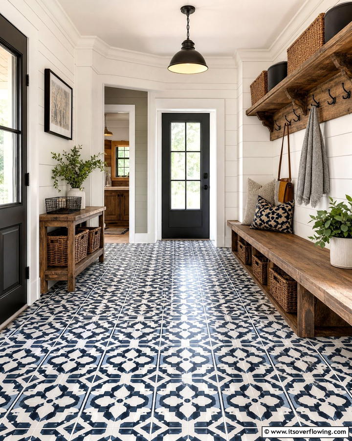 Patterned Tile Floors for Visual Interest - 20 Farmhouse Mudroom Ideas for a Rustic Entryway