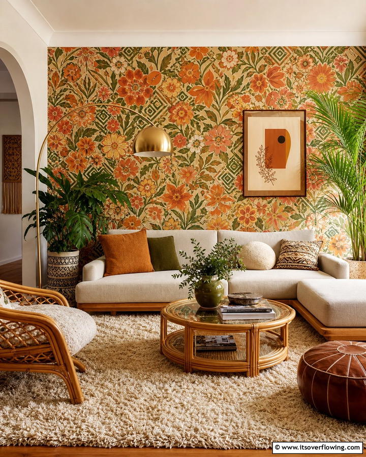 Patterned Wallpaper - 25 Retro 70s Living Room Ideas for a Funky Vibe