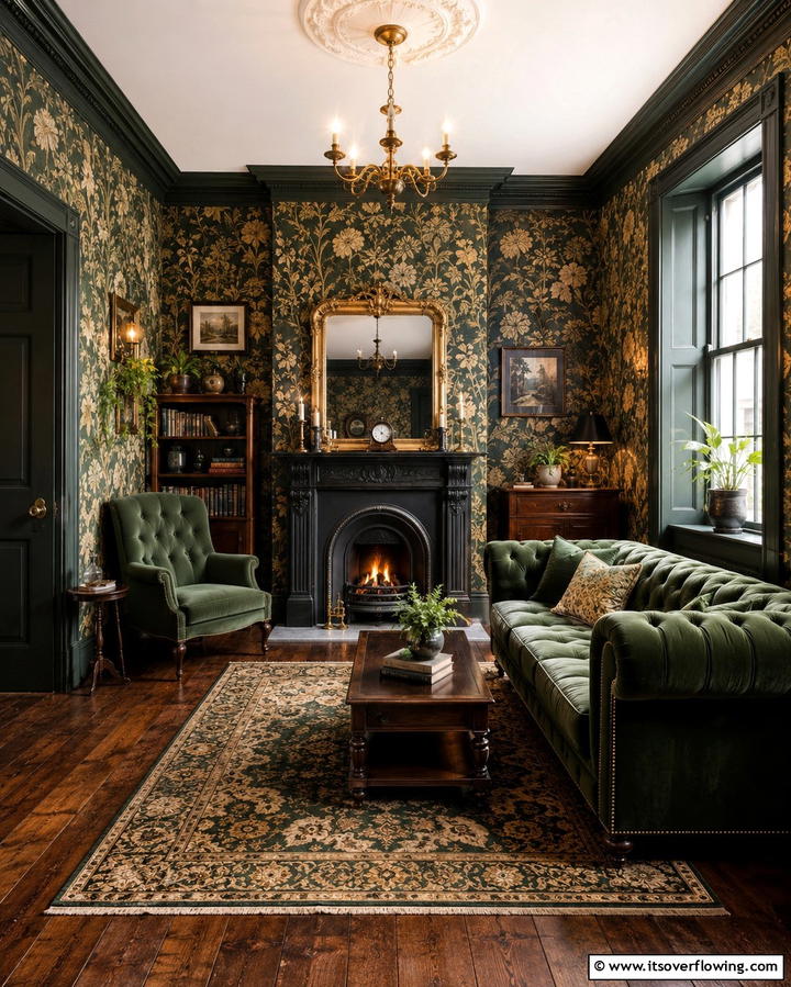 Patterned Wallpaper - 25 Victorian Dark Green Living Room Ideas for Drama