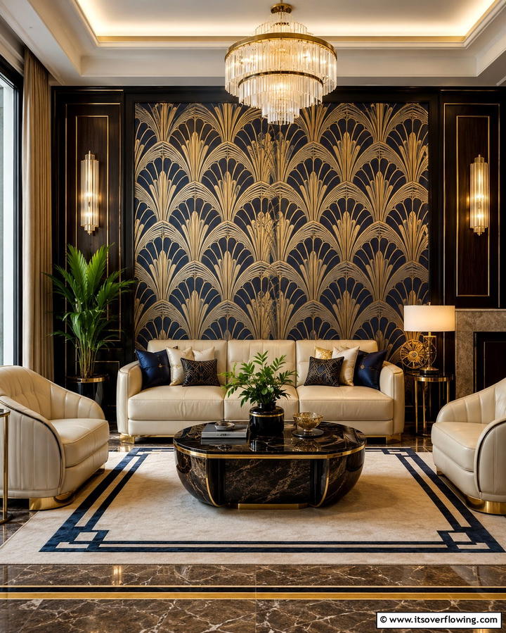 Patterned Wallpaper - 30 Art Deco Living Room Ideas for Luxurious Spaces
