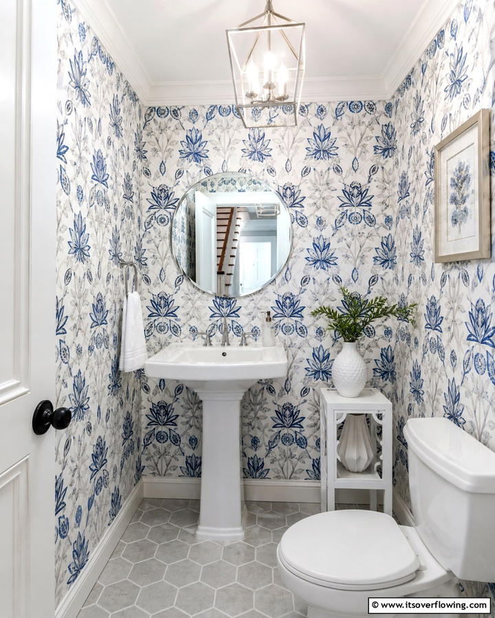 Patterned Wallpaper with Blue and Gray - 25 Blue and Gray Bathroom Ideas for a Modern Look