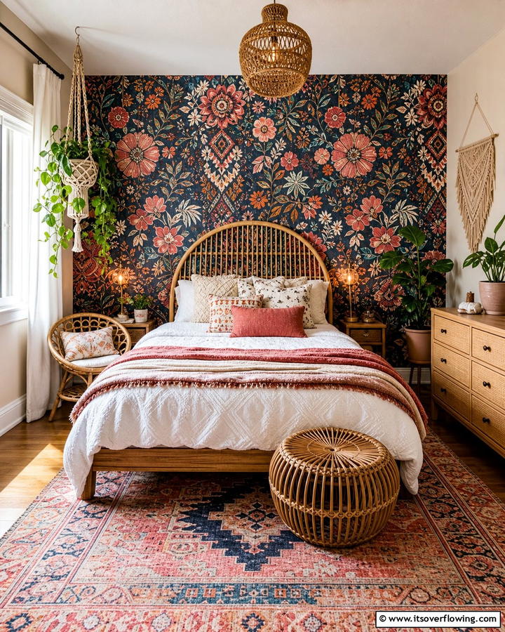 Patterned Wallpaper - 20 Girls Boho Bedroom Ideas for a Chic and Relaxing Space