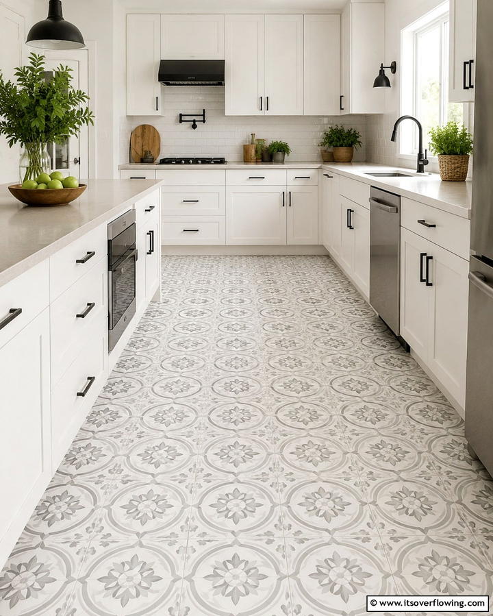 Patterned White Tiles - 25 White Kitchen Floor Ideas for a Bright Space