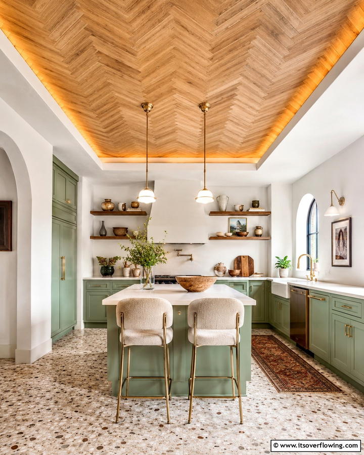 Patterned Wood Ceilings for Artistic Flair - 20 Wood Ceiling Kitchen Ideas for a Warm and Inviting Atmosphere