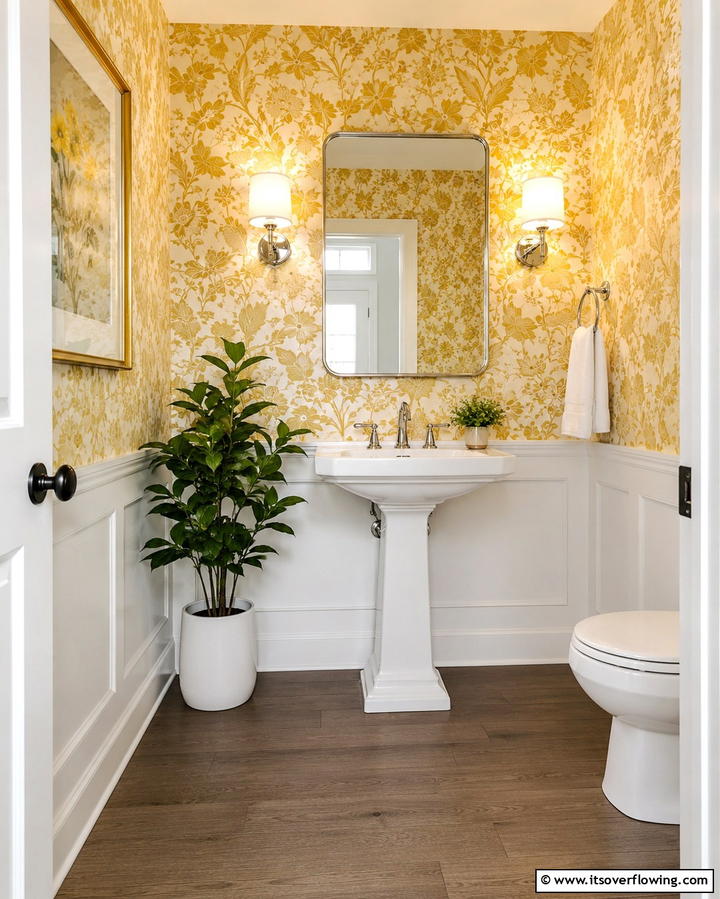 Patterned Yellow Wallpaper - 30 Cheerful Yellow Bathroom Decor Ideas for 2024