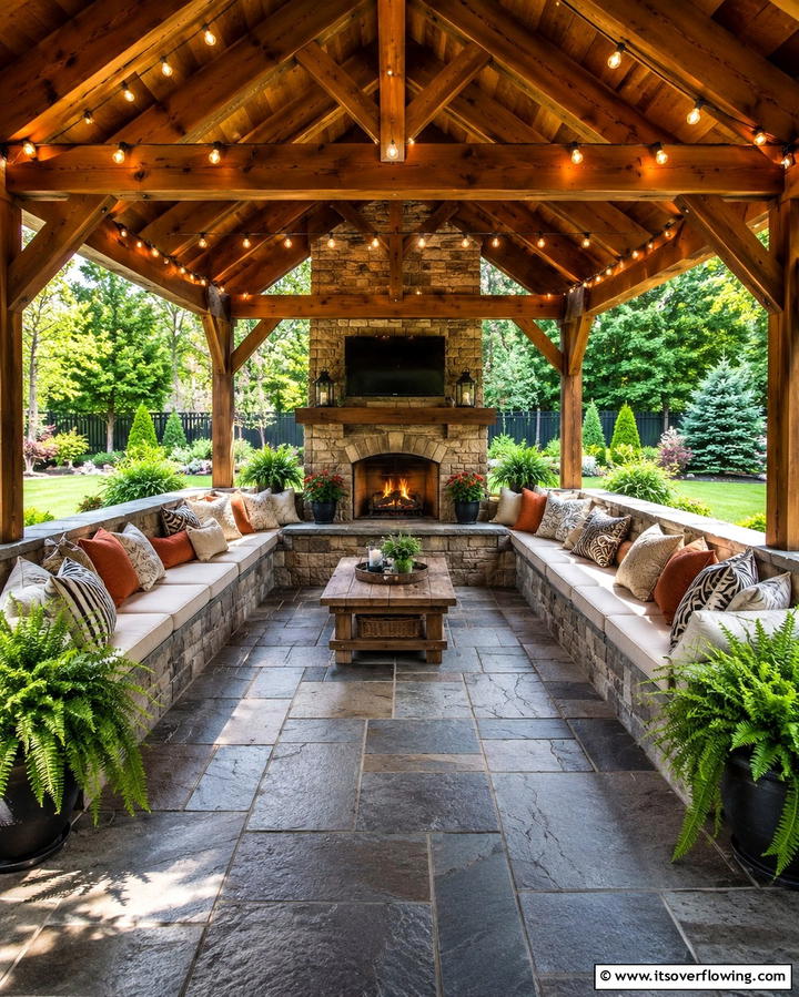 Pavilion with Built In Seating and Fireplace - 25 Backyard Pavilion With Fireplace Ideas for Cozy Nights