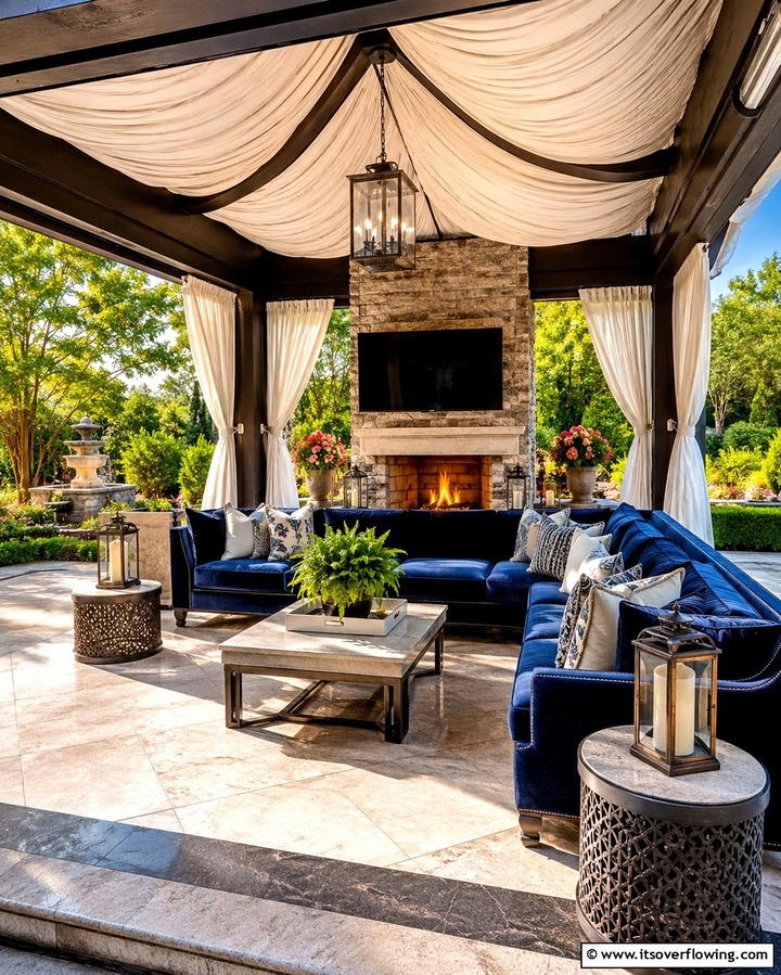 Pavilion with Curtains and Fireplace - 25 Backyard Pavilion With Fireplace Ideas for Cozy Nights