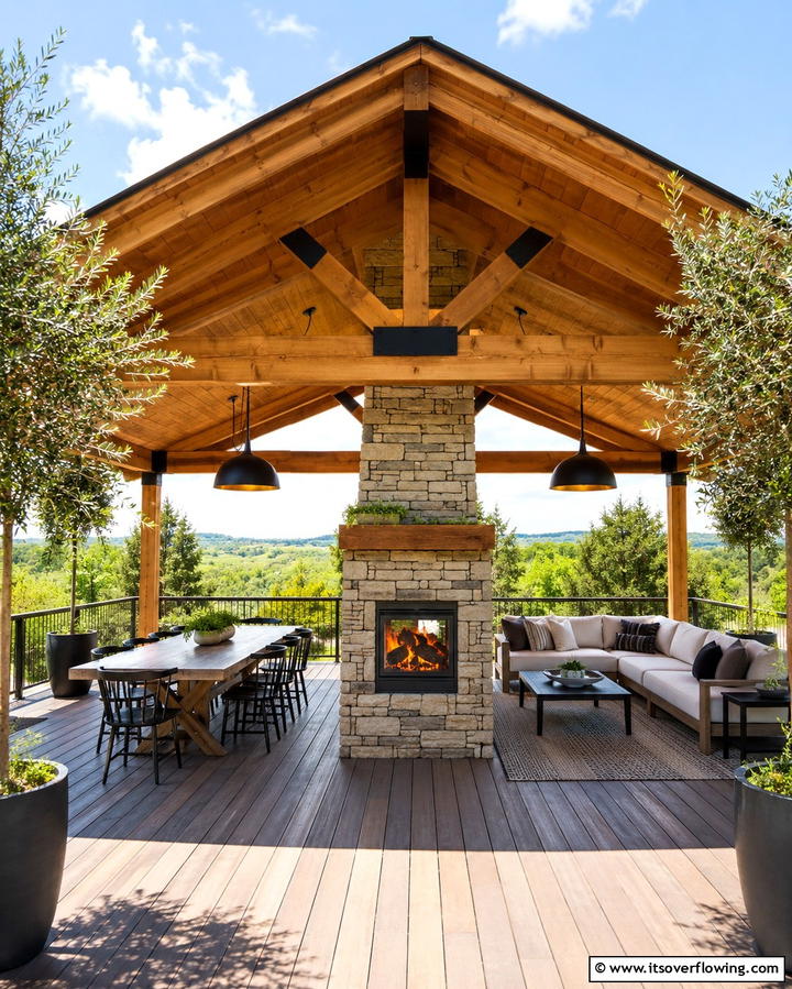 Pavilion with Dual Sided Fireplace - 25 Backyard Pavilion With Fireplace Ideas for Cozy Nights