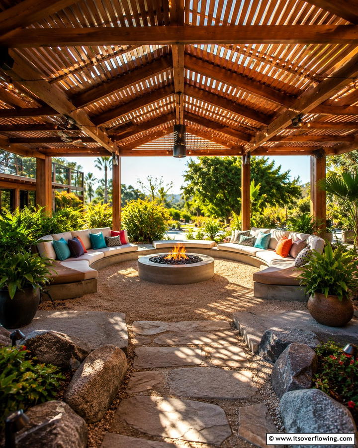 Pavilion with Fire Pit and Open Sides - 25 Backyard Pavilion With Fireplace Ideas for Cozy Nights
