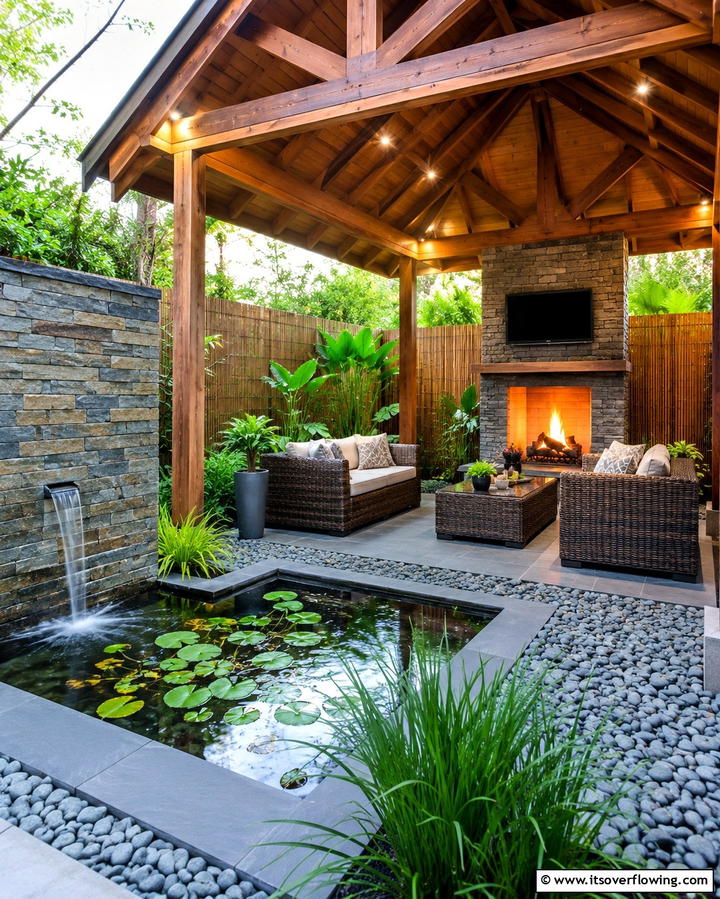 Pavilion with Fireplace and Water FeatureExact - 25 Backyard Pavilion With Fireplace Ideas for Cozy Nights