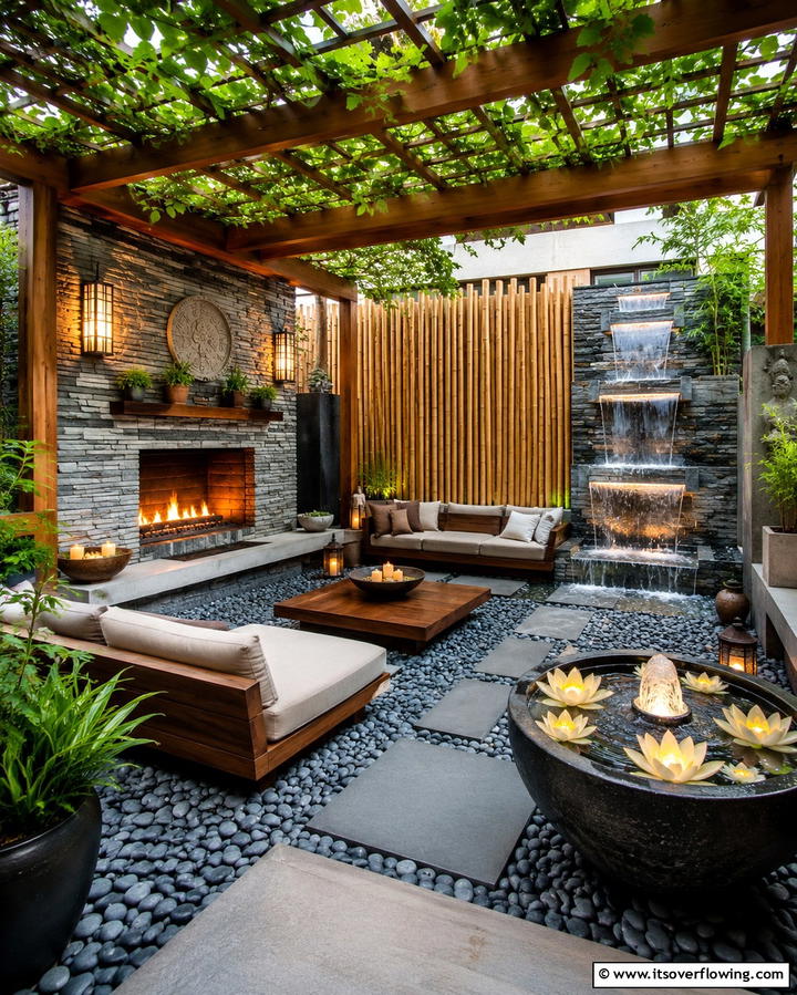 Pavilion with Fireplace and Water FeatureOne - 25 Backyard Pavilion With Fireplace Ideas for Cozy Nights