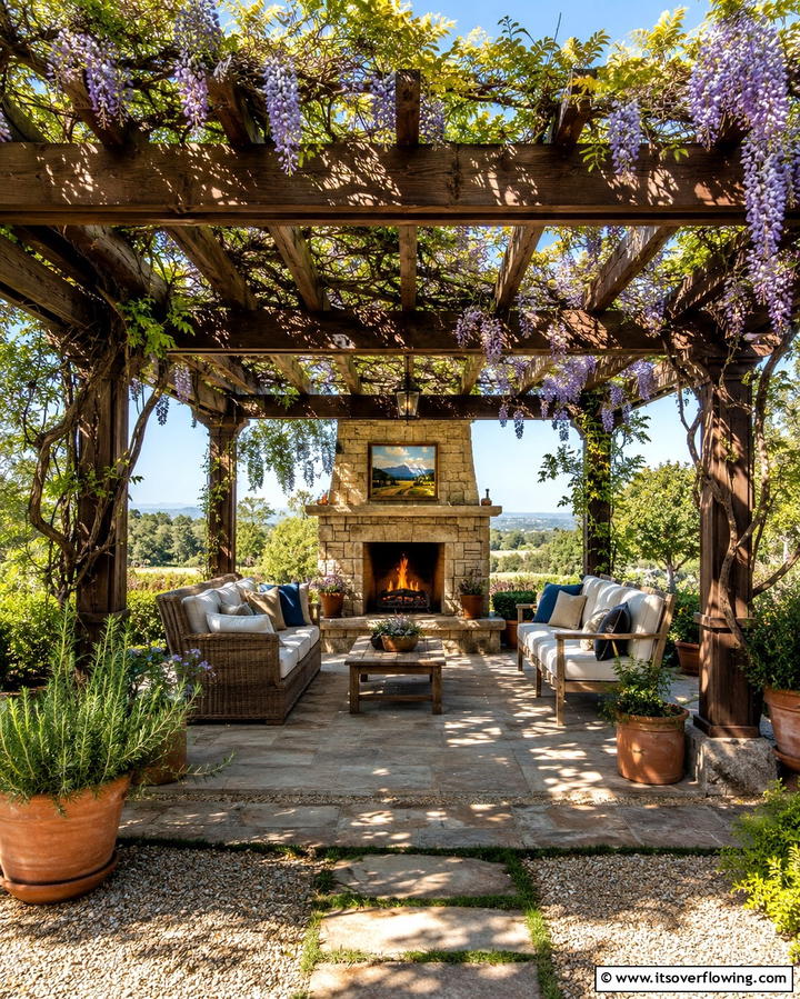 Pavilion with Pergola Roof and Fireplace - 25 Backyard Pavilion With Fireplace Ideas for Cozy Nights