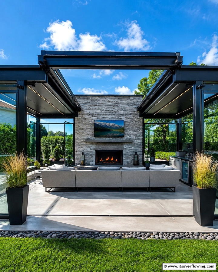 Pavilion with Retractable Roof and Fireplace - 25 Backyard Pavilion With Fireplace Ideas for Cozy Nights