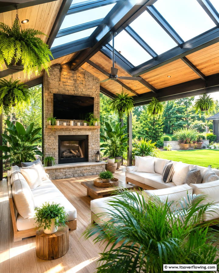 Pavilion with Skylights and Fireplace - 25 Backyard Pavilion With Fireplace Ideas for Cozy Nights