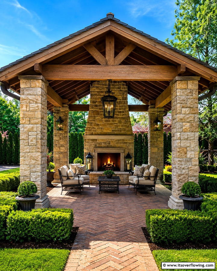 Pavilion with Stone Columns and Fireplace - 25 Backyard Pavilion With Fireplace Ideas for Cozy Nights