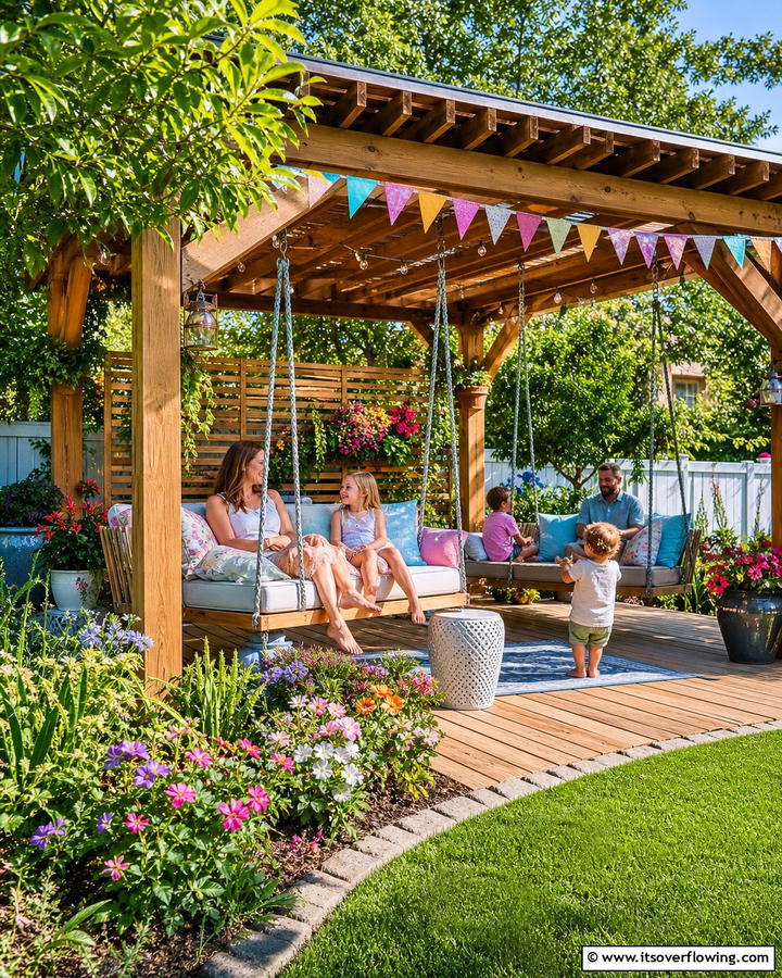 Pavilion with Swing Seating - 20 Outdoor Pavilion Ideas for Relaxing Gatherings