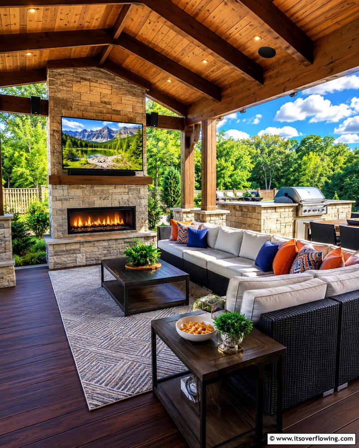 Pavilion with TV and Fireplace - 25 Backyard Pavilion With Fireplace Ideas for Cozy Nights