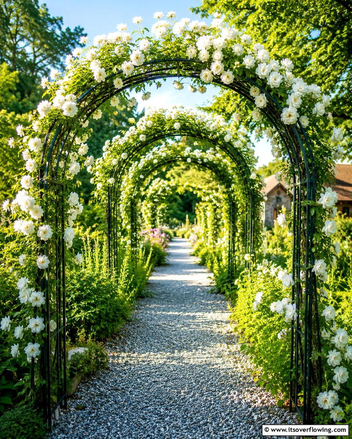 Pea Gravel Walkway with Garden Arches - 25 Pea Gravel Walkway Ideas for a Charming Garden Path
