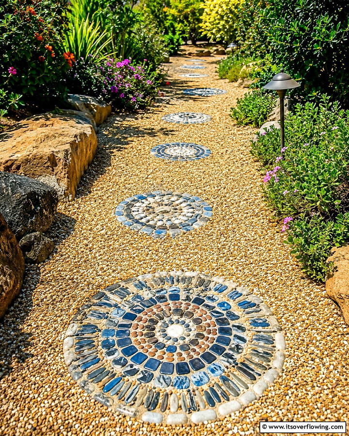 Pea Gravel Walkway with Mosaic Inserts - 25 Pea Gravel Walkway Ideas for a Charming Garden Path