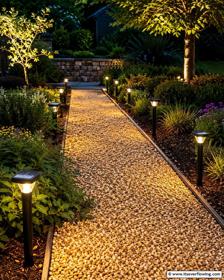 Pea Gravel Walkway with Solar Lights - 25 Pea Gravel Walkway Ideas for a Charming Garden Path