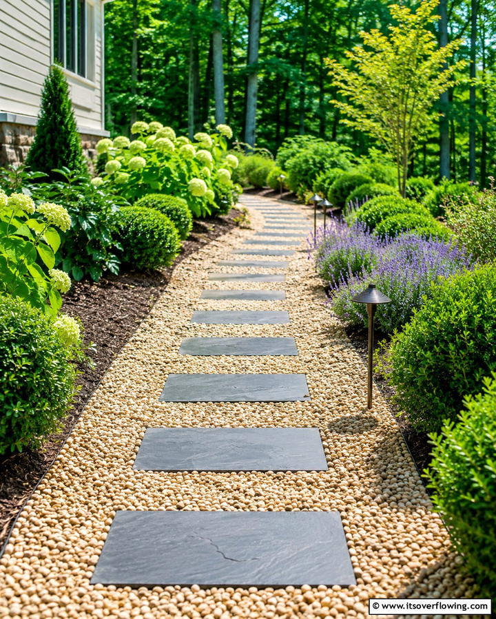 Pea Gravel Walkway with Stepping Stones - 25 Pea Gravel Walkway Ideas for a Charming Garden Path