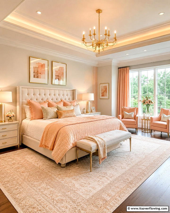 Peach and Gold Accents - 25 Peach Bedroom Ideas for a Soft and Serene Retreat