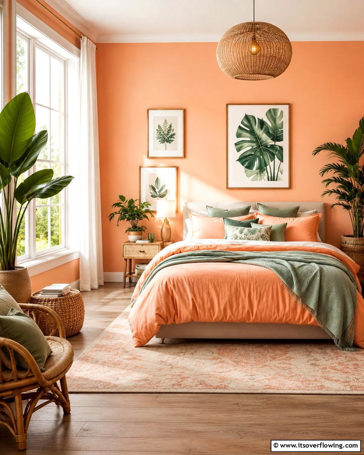 Peach and Green Accents - 25 Peach Bedroom Ideas for a Soft and Serene Retreat