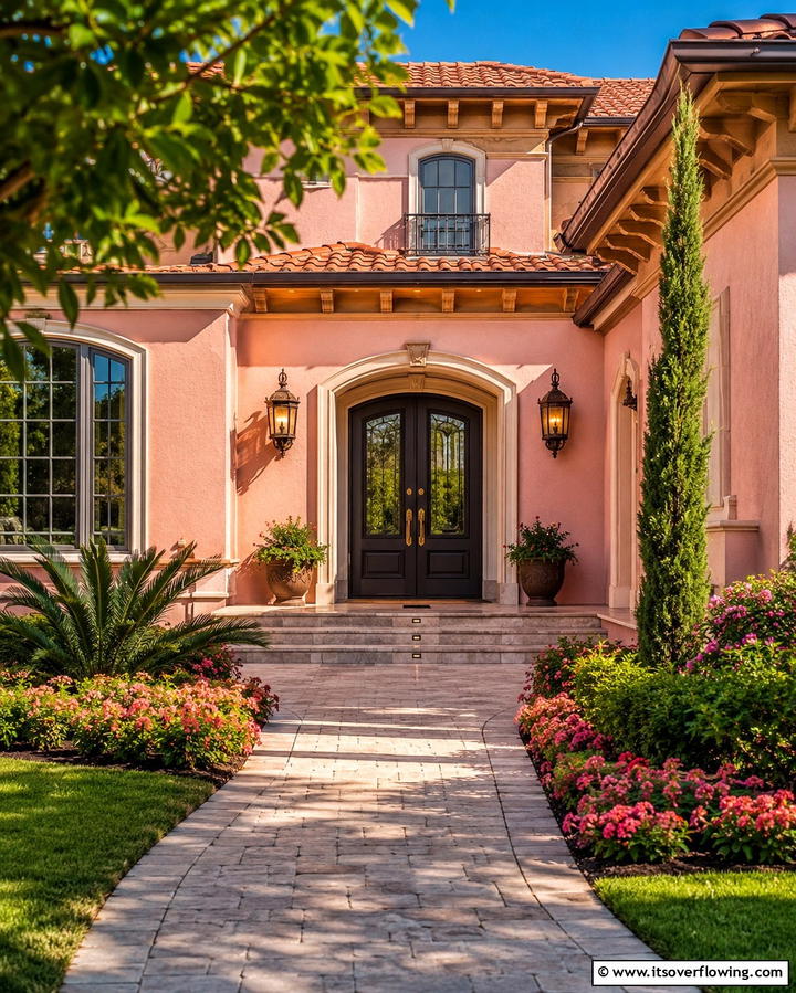 Peachy Pink with Bronze Accents - 25 Pink House Exterior Ideas for a Charming Look