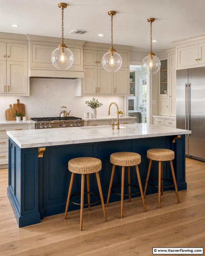 Peacock Blue Island with Glass Pendant Lights - 25 Blue Kitchen Island Ideas for a Fresh Look