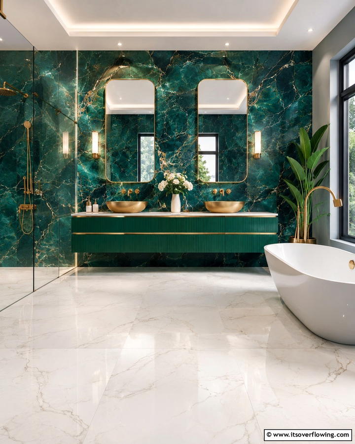 Peacock Green Marble Effect - 30 Green Bathroom Tile Design Ideas for a Refreshing Oasis
