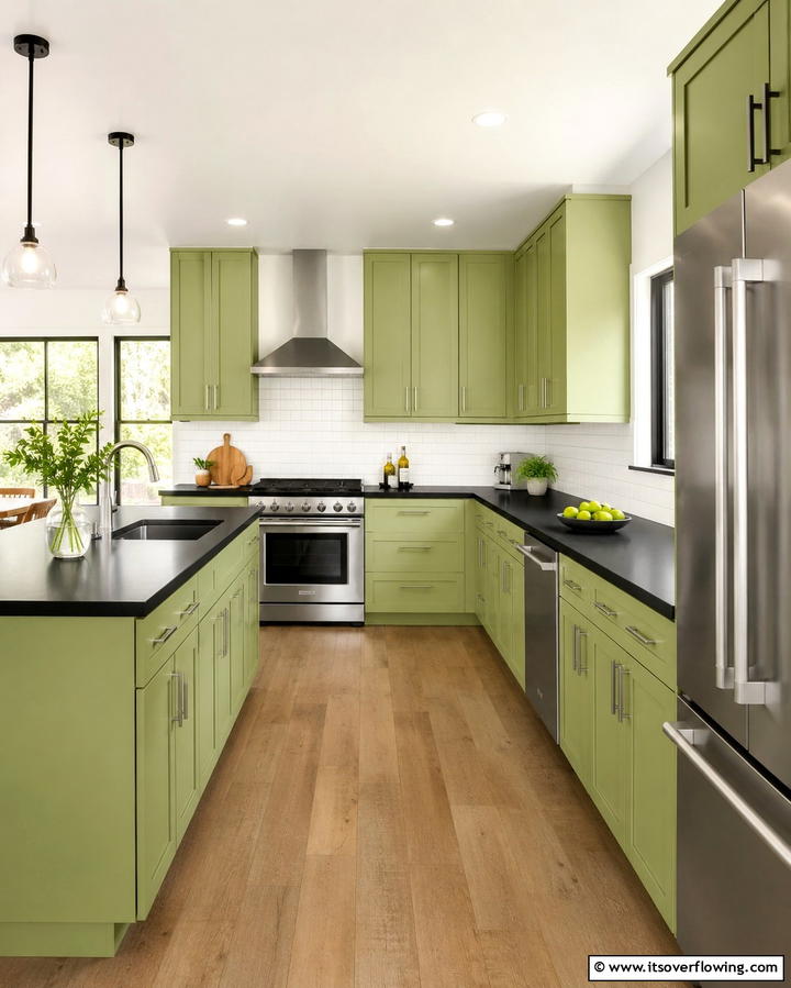 Pear Green Cabinets with Black Solid Surface Counters - 30 Green Kitchen Cabinets & Black Countertops Pairing Ideas