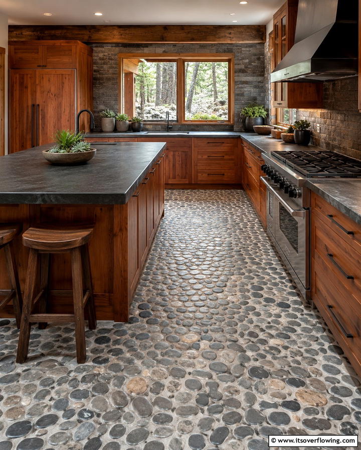 Pebble Flooring - 25 Kitchen Floor Ideas to Transform Your Cooking Space