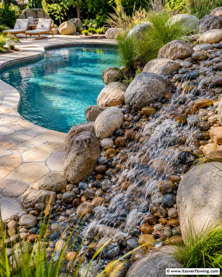 Pebble Lined Waterfall - 25 Small Pool Waterfall Ideas for Your Backyard