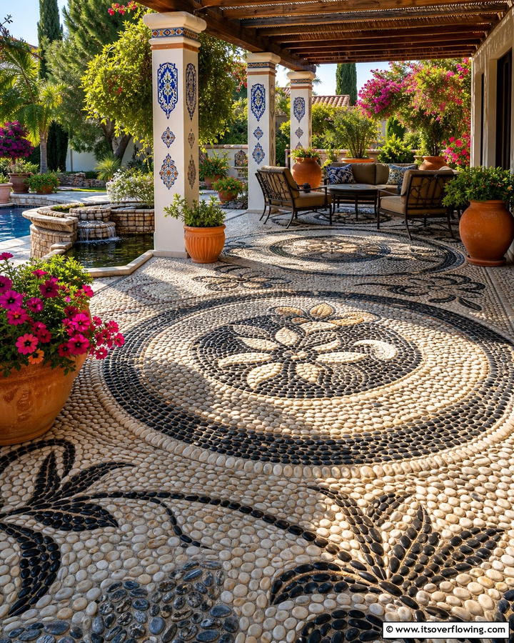 Pebble Mosaic Creativity - 20 Pergola Flooring Ideas to Enhance Your Outdoor Space