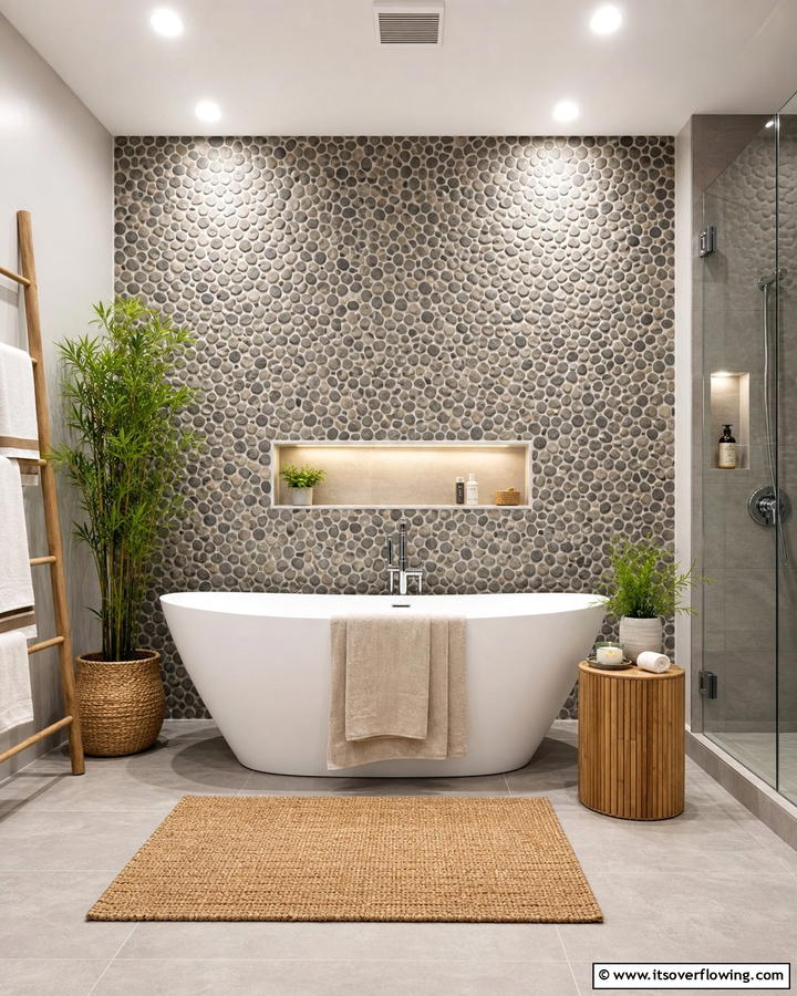 Pebble Tile Accent Wall - 20 Pebble Tile Bathroom Ideas for a Natural Look