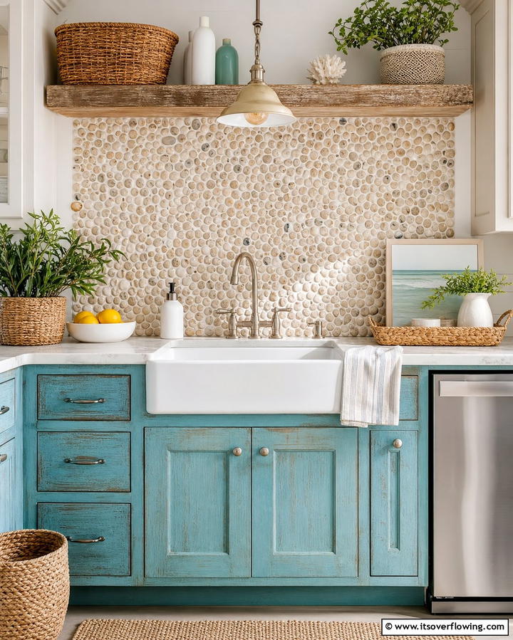 Pebble Tile Backsplash - 25 Rustic Backsplash Ideas for a Farmhouse Kitchen