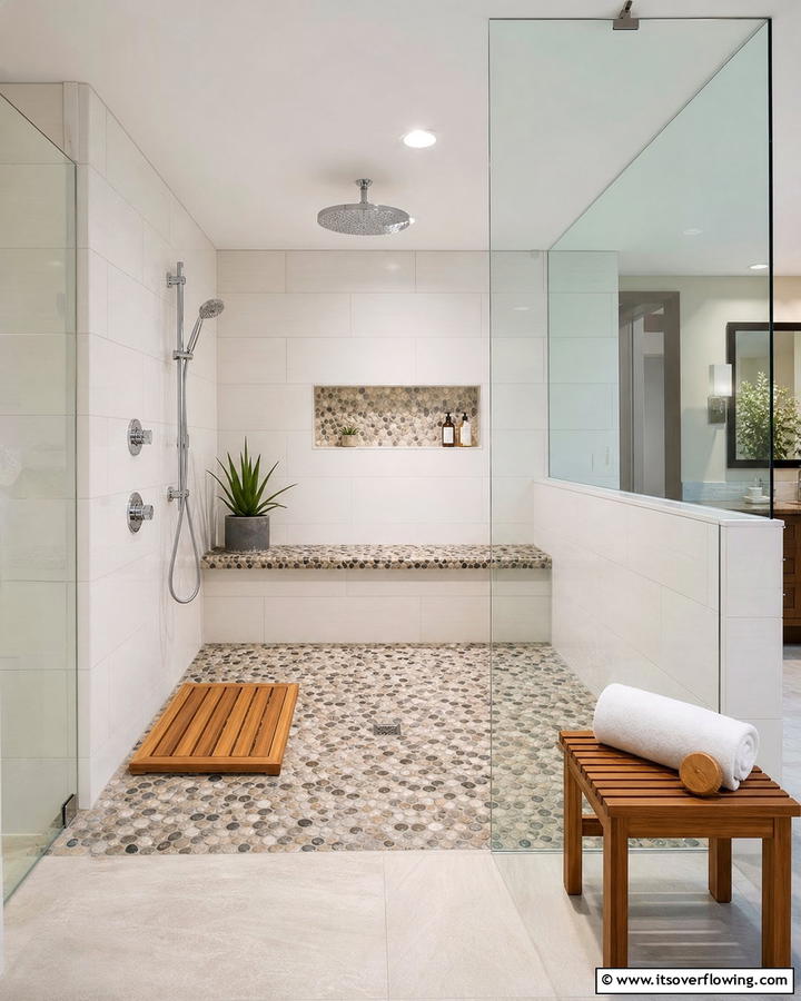 Pebble Tile Bench Surface - 20 Pebble Tile Bathroom Ideas for a Natural Look
