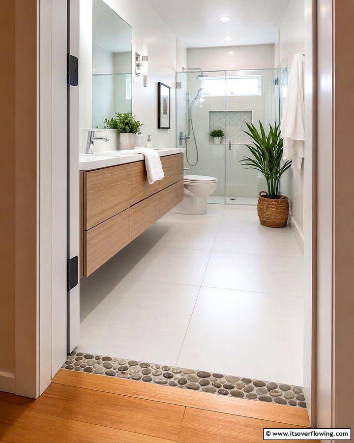 Pebble Tile Entry Threshold - 20 Pebble Tile Bathroom Ideas for a Natural Look