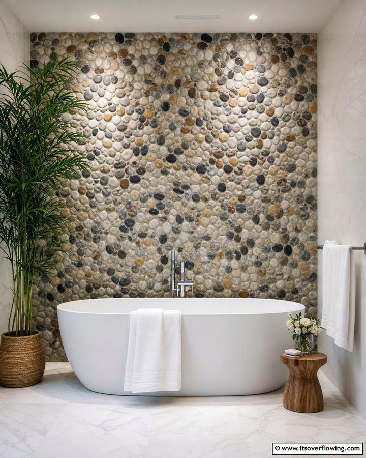 Pebble Tile Floor to Ceiling Wall - 20 Pebble Tile Bathroom Ideas for a Natural Look