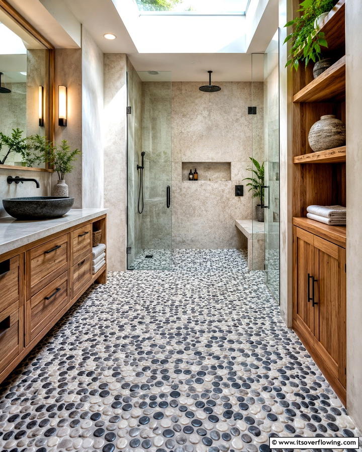 Pebble Tile Flooring - 30 Striking Black & White Bathroom Tile Designs for Timeless Style
