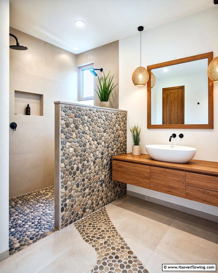 Pebble Tile Half Wall - 20 Pebble Tile Bathroom Ideas for a Natural Look