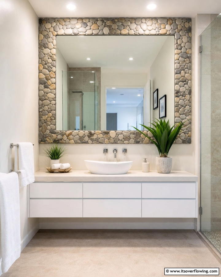 Pebble Tile Mirror Frame - 20 Pebble Tile Bathroom Ideas for a Natural Look
