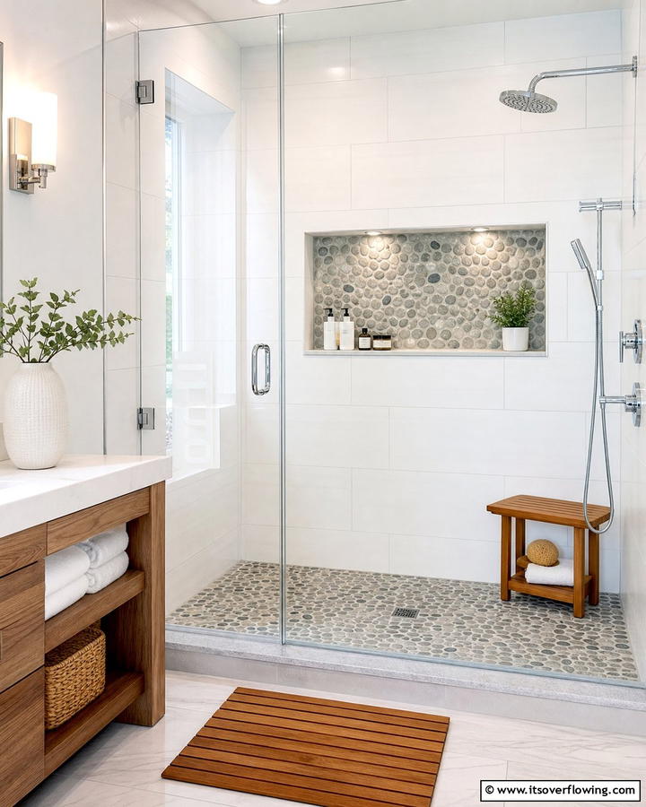 Pebble Tile Shower Niche - 20 Pebble Tile Bathroom Ideas for a Natural Look