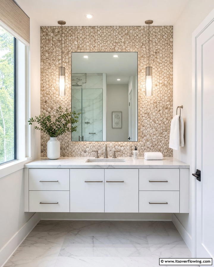 Pebble Tile Sink Backsplash - 20 Pebble Tile Bathroom Ideas for a Natural Look