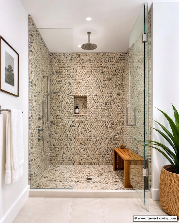 Pebble Tile Walk In Shower - 20 Pebble Tile Bathroom Ideas for a Natural Look
