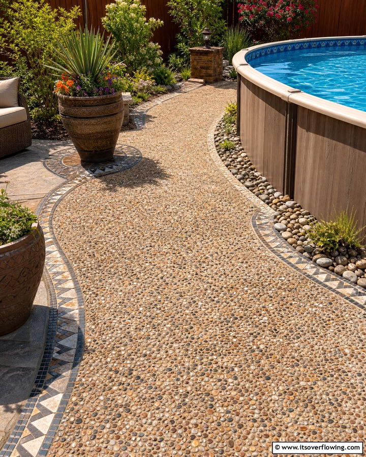 Pebble and Cement Mixture - 20 Above Ground Pool Walkway Ideas for Safety
