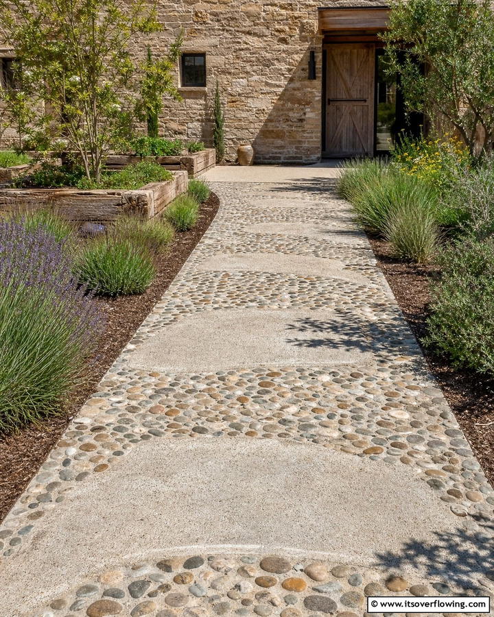 Pebble and Concrete Walkway - 20 Farmhouse Walkway Ideas for a Rustic Charm
