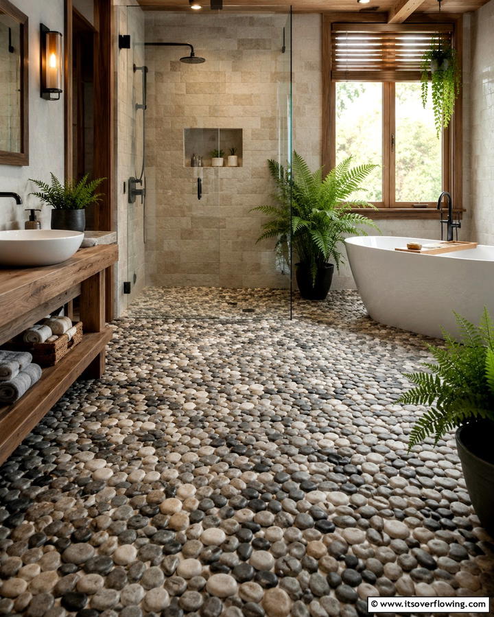 Pebbled Floors for a Spa like Feel - 25 Rustic Walk-in Shower Ideas for a Spa-Like Bathroom